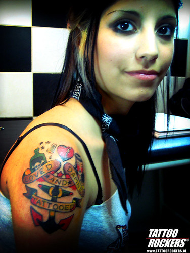 Rockers Love Tattoo Design on Women Upper Arm
