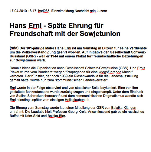 Schweizerische Depeschenagentur sda: Hans Erni - Sp