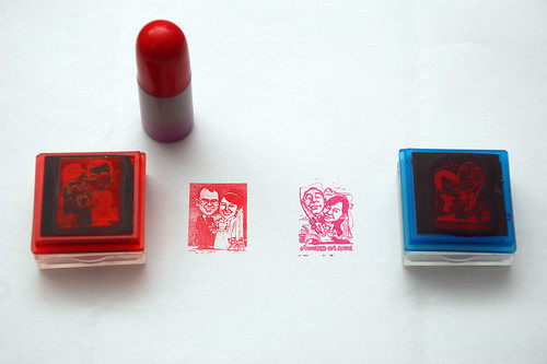 Couple wedding caricatures printed on red & pink rubber stamps