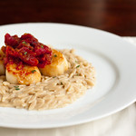 Scallops with Sun Dried Tomatoes and Goat Cheese Orzotto