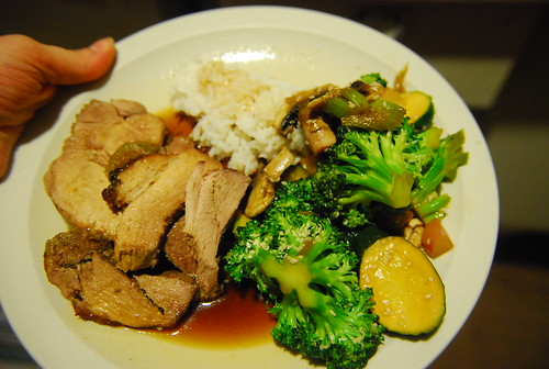 Pork roast with rice and stir fry