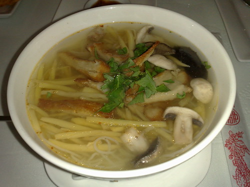 bamboo rice noodle soup with crispy veggie chicken