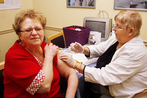 January 26, 2010 - Nancy DiRocco administers the Zostavax vaccine for Marie Dupont of Easthampton, at Rite Aid in Southampton.