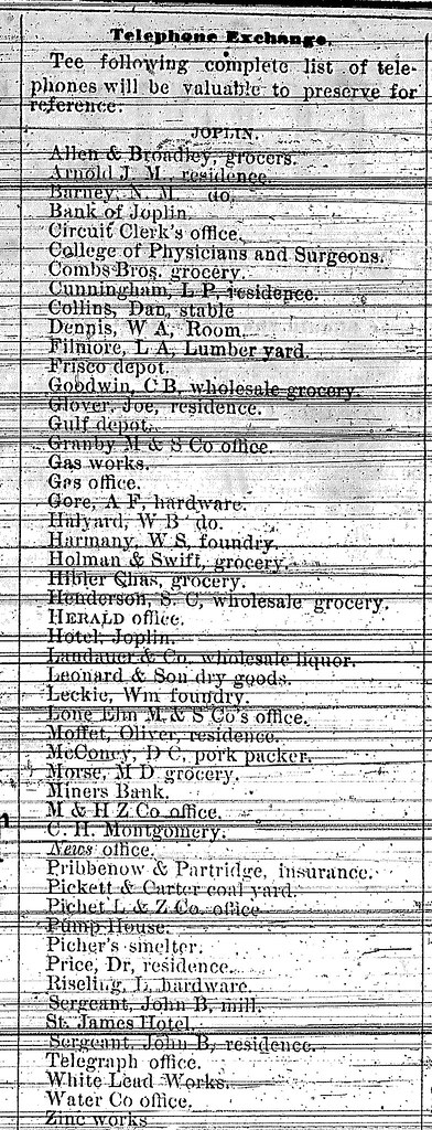 Jopin Telephone Exchange list for 1882