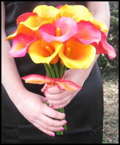 Hot Pink Orange Scented Silk Calla Lily Bouquet