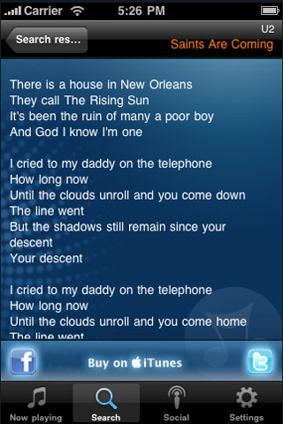 MetroLyrics iPhone app