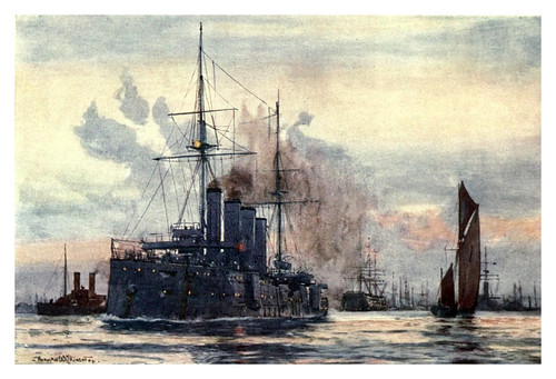 024- HMS Good Hope saliendo del puerto de Portsmouth-The Royal Navy (1907)- Norman L. Wilkinson