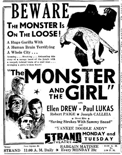 THE MONSTER AND THE GIRL (1941) Newspaper advertisement 6-29-41