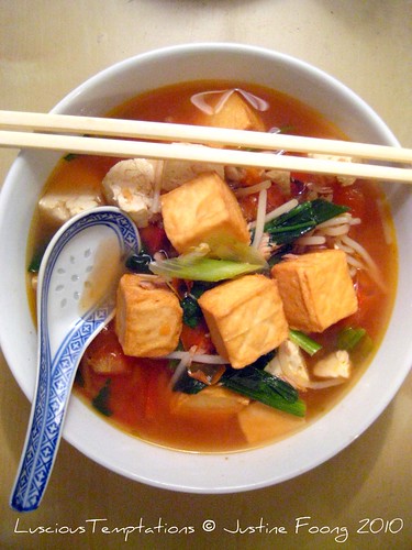 Tomato Udon with Tofu, Fish Tofu and Vegetables - Weeknight Dinner