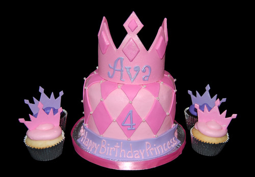 Pink and Purple Princess Tiara Cupcake Tower with Diamond Patterned Topper Cake 4th Birthday