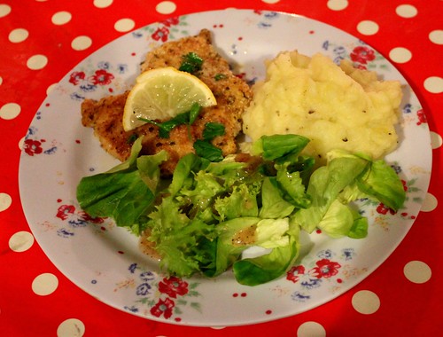 chicken piccata, buttermilk mashed potatoes, and salad.