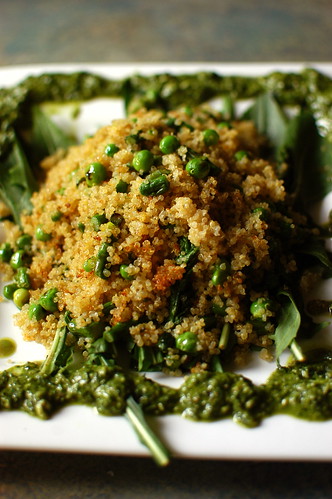 quinoa with asparagus, English peas, dandelion greens, and a kale-walnut pesto