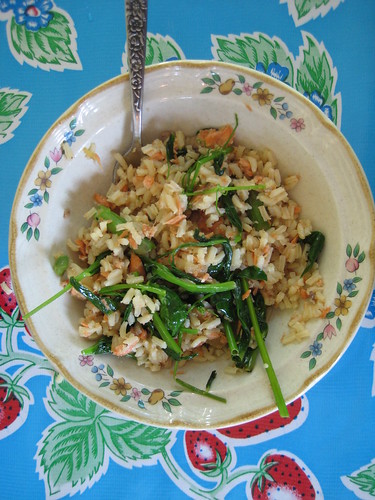 fried rice with salmon, asparagus, pea vines