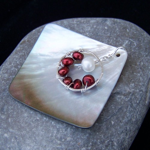 Argentium sterling silver, red and white pearl and abalone shell pendant