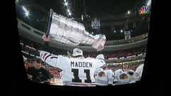Chicago Blackhawks John Madden lifting the Stanley Cup Championship trophy. Wednsday, June 9th 2010.