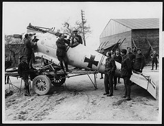 Newly captured German machine at a Flying Corps depot near the front