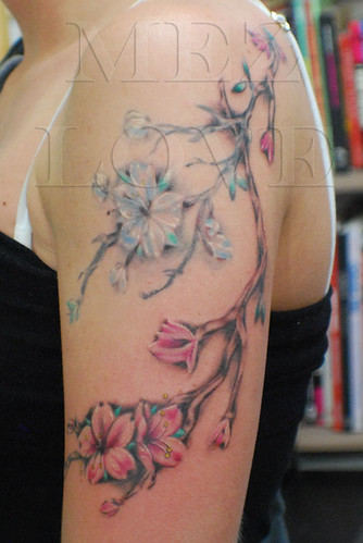 pink and blue flower tattoo