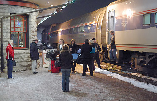 Amtrak train station, in Kirkwood, Missouri, USA - view at night with snow