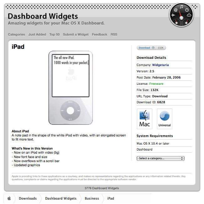 Apple iPad Dashboard Widget