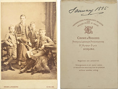 Unknown portrait of four boys, assumed to be Robert, Norman, Archibald & Francis Dickson, dated January 1885, by Crowe & Rodgers, Stirling, from mystery album