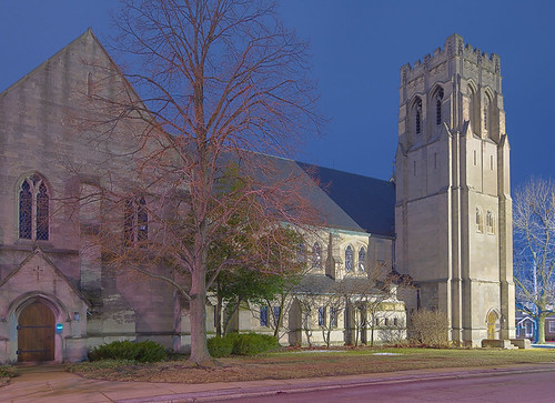 Saint Luke the Evangelist Roman Catholic Church, in Richmond Heights, Missouri, USA - exterior at night