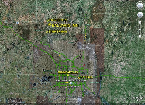 Baldwin, 40 mi N of the Twin Cities (image by Google Earth, labels by me)