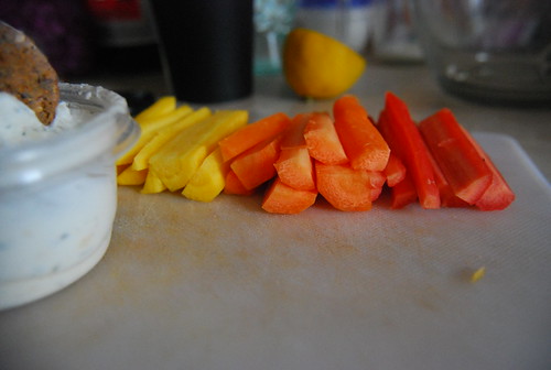 Rainbow carrots, onion crackers and goat cream cheese