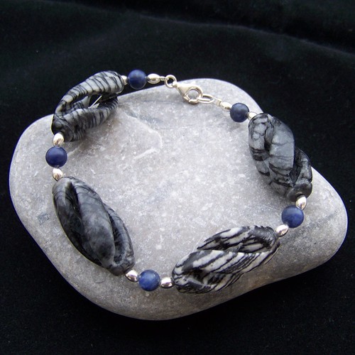 Carved obsidian, sodalite and sterling bracelet