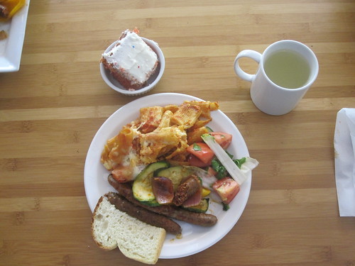 Mergues, baked pasta, tomato salad, bread, lemonade, cherry cake from the bistro $6