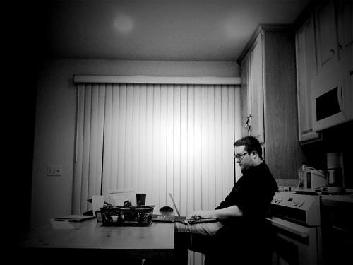 Here is @firstshowing blogging in the kitchen because if he steps on the carpet I will kill his ass