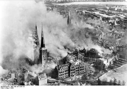 Burning Lübeck Cathedral after an air raid in 1942
