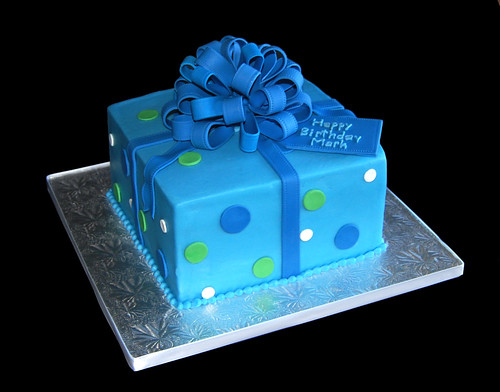 Happy Birthday Mark - Blue and green package cake with loopy bow