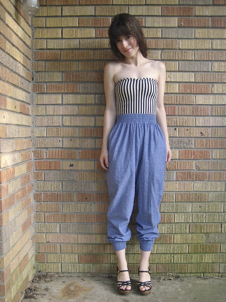 american apparel head to toe. striped bodysuit, chambray harem pants