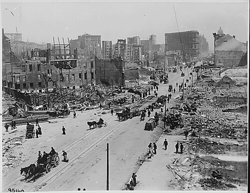 San Francisco Earthquake of 1906: Market Street, west of Powell and Fifth Streets, showing area east of Taylor and Powell Streets. This is the main part of the retail district of San Francisco, ca. 1906.