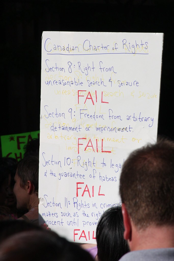 Canadian Charter of rights FAIL sign at "Jail Solidarity Rally"