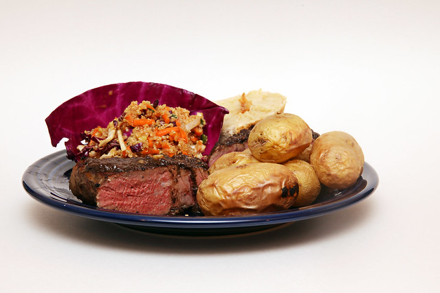 Sous Vide Chuck Steak w/ Roasted Potatoes, Quinoa Asian Slaw, and Sourdough Bread with Roasted Garlic