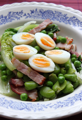 Braised Lettuce w Broad Beans, Peas, Ham & Quails Eggs