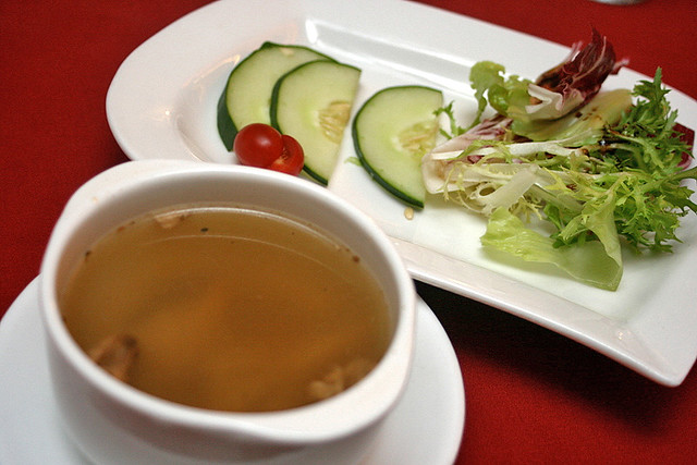 Mixed mushroom and walnut soup, organic vegetable salad