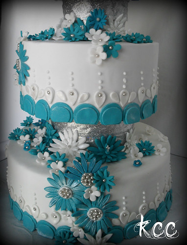 Teal and White Daisy Wedding Cake by Kara's Custom Cakes