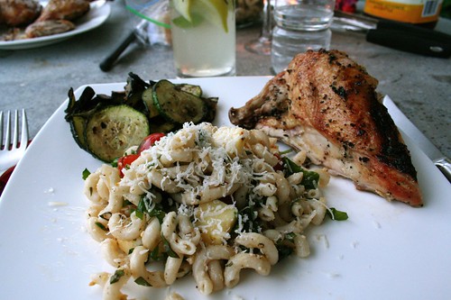 Dinner. Grilled chicken, pasta salad, grilled veggies