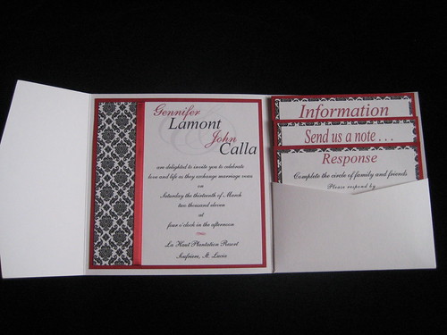 White And Red Damask Pocketfold Invitation