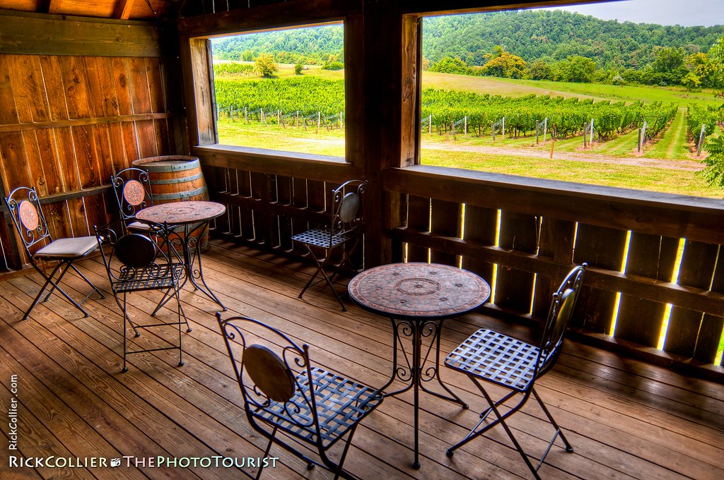 HDR of the shady porch at the Sharp Rock winery, overlooking their vineyards
