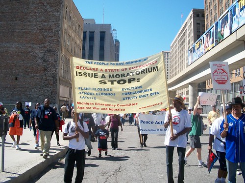 Members of the Moratorium NOW! Coalition and MECAWI carrying banner and signs at the Detroit March for Jobs, Justice and Peace on Saturday, August 28, 2010. The demonstration was attended by over 5,000 people in downtown Detroit. (Photo: Abayomi Azikiwe) by Pan-African News Wire File Photos