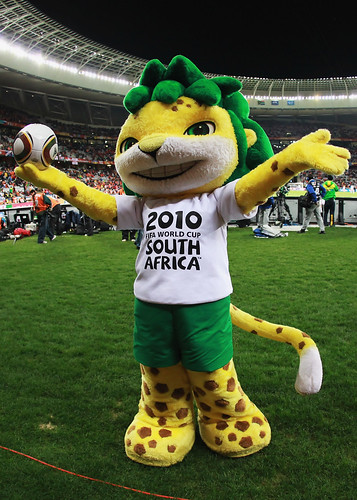 CAPE TOWN, SOUTH AFRICA - JULY 06: Zakumi, the official mascot, ahead of the 2010 FIFA World Cup South Africa Semi Final match between Uruguay and the