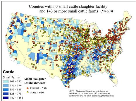 A map of counties in the U.S. with no small cattle slaughter facility and 143 or more small cattle farms.