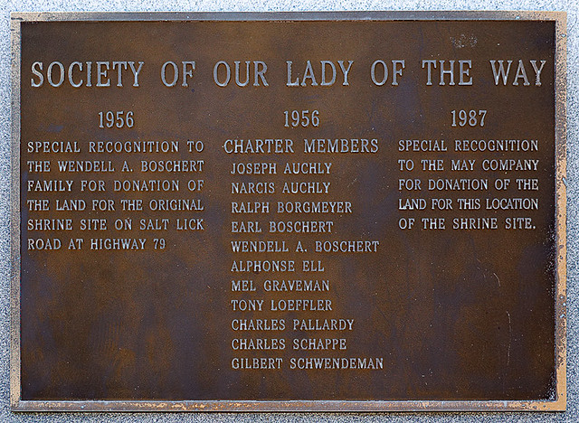 Shrine of Our Lady of the Way, in Saint Peters, Missouri, USA - plaque