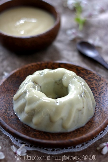 Mung bean pudding with cheddar cheese sauce