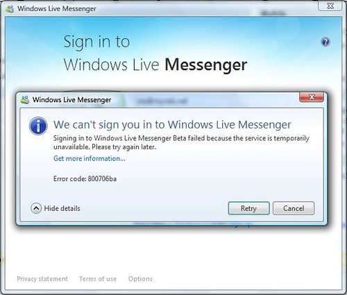 Windows Live Messenger error 800706ba