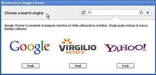 Benvenuto in Chrome: scegli un motore di ricerca