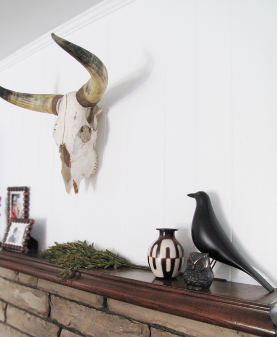 eames house bird+bronze owl+cow skull head+horns+decor+mantel